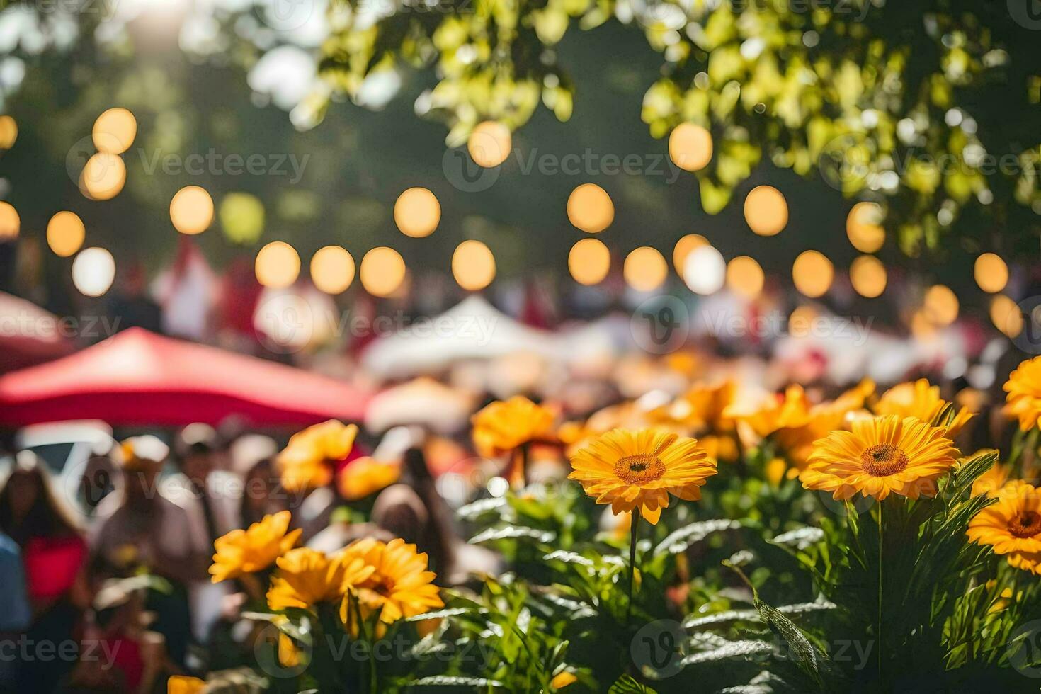 uma flor campo com pessoas e tendas dentro a fundo. gerado por IA foto