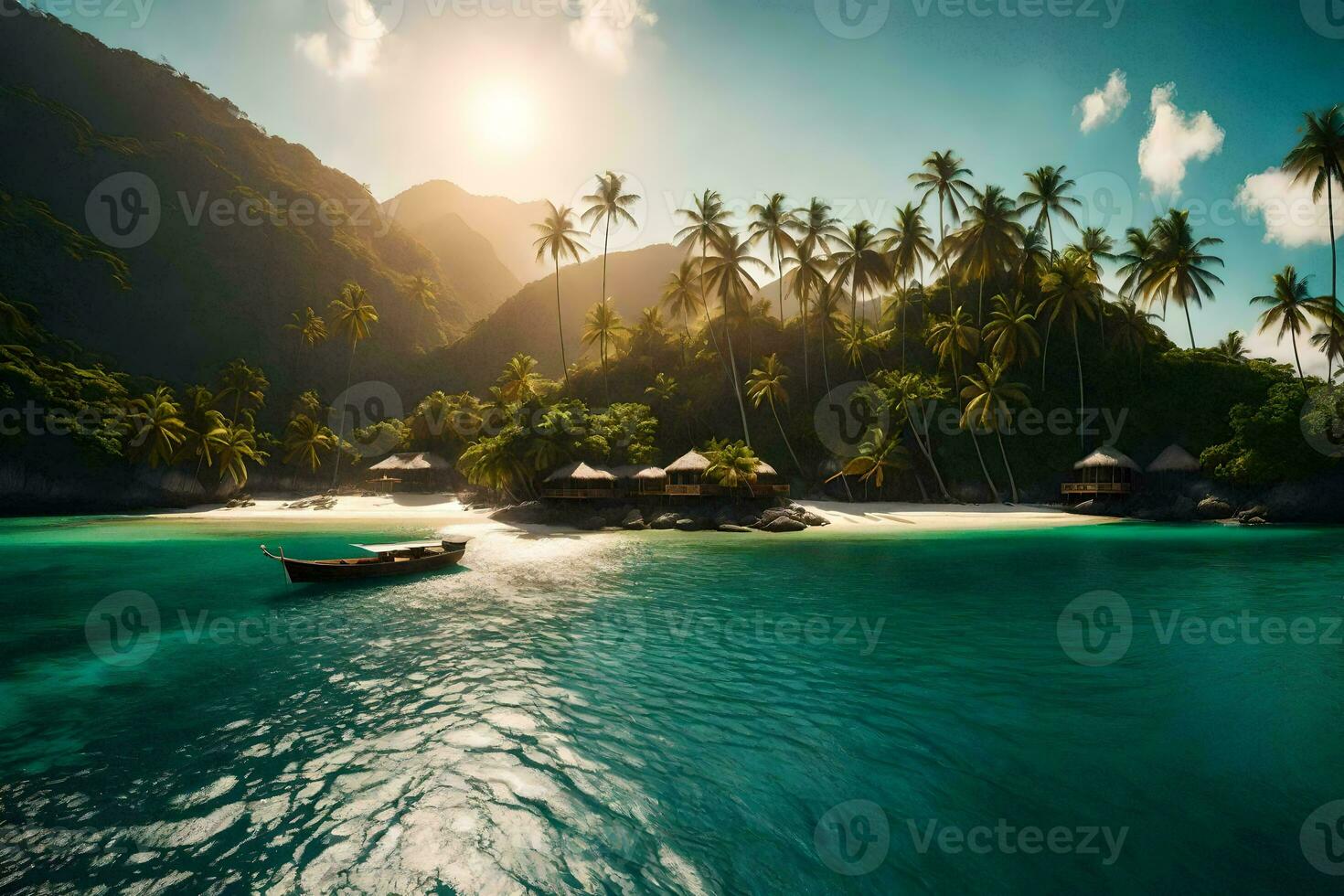 uma tropical ilha com Palma árvores e uma barco. gerado por IA foto