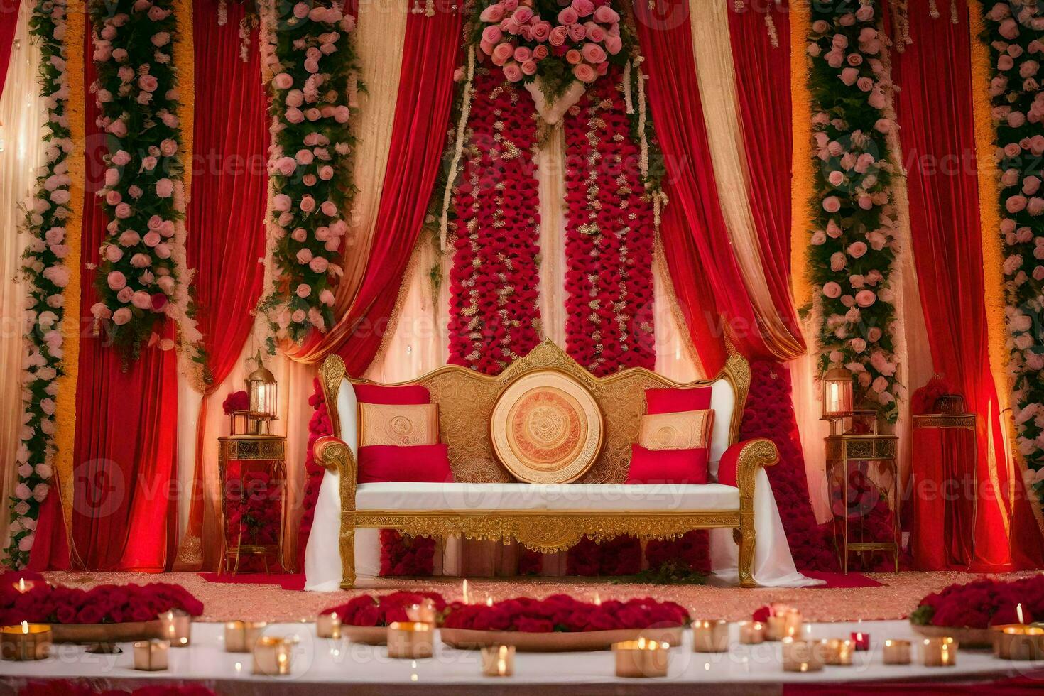 uma Casamento etapa decorado com vermelho e ouro flores gerado por IA foto