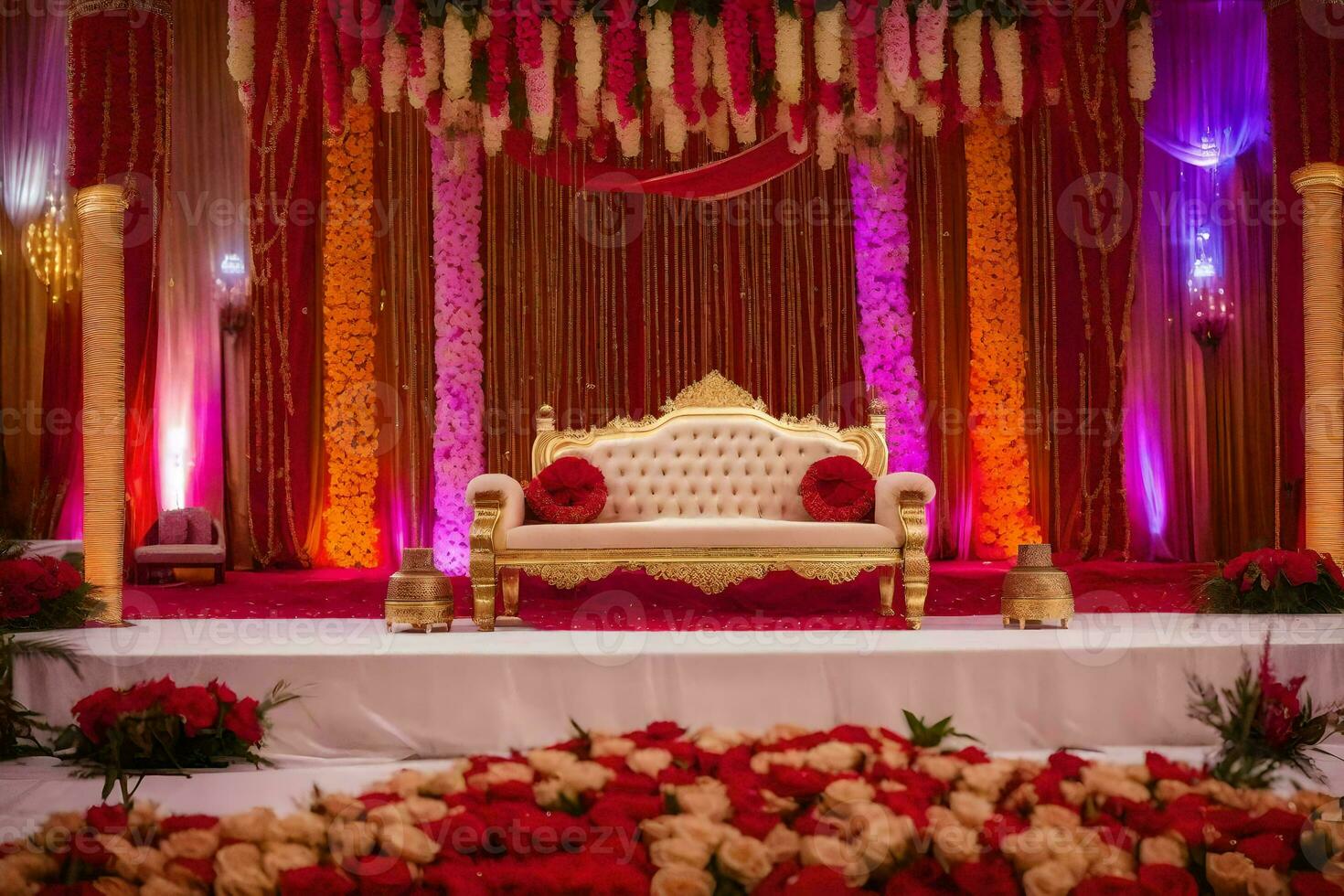 uma Casamento etapa decorado com vermelho flores e ouro. gerado por IA foto