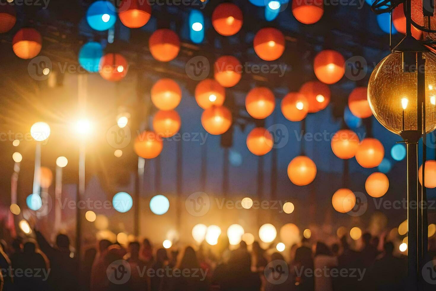 uma multidão do pessoas às uma festival com colorida luzes. gerado por IA foto