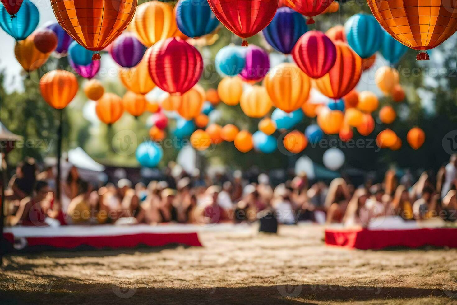 muitos pessoas estão sentado dentro a Relva debaixo colorida papel lanternas. gerado por IA foto