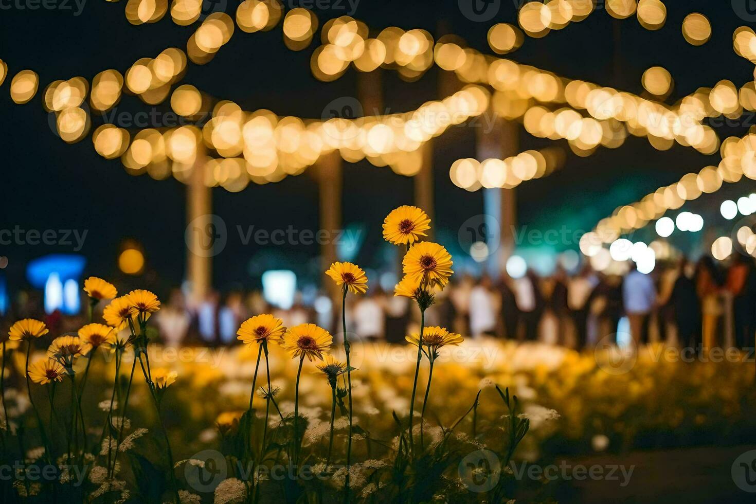 amarelo flores dentro a meio do uma campo às noite. gerado por IA foto