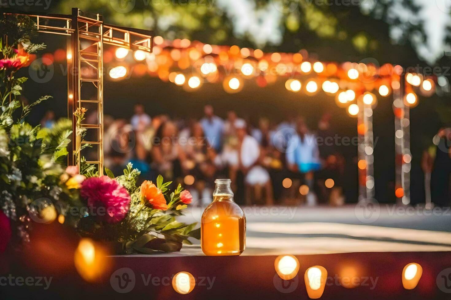 uma garrafa do Cerveja e flores em uma estágio. gerado por IA foto