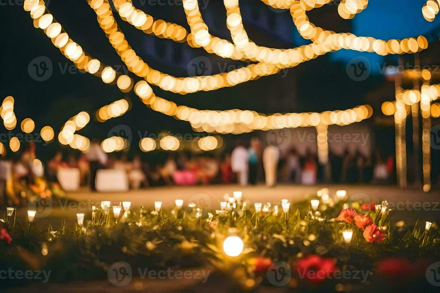 uma Casamento recepção com luzes e flores gerado por IA foto