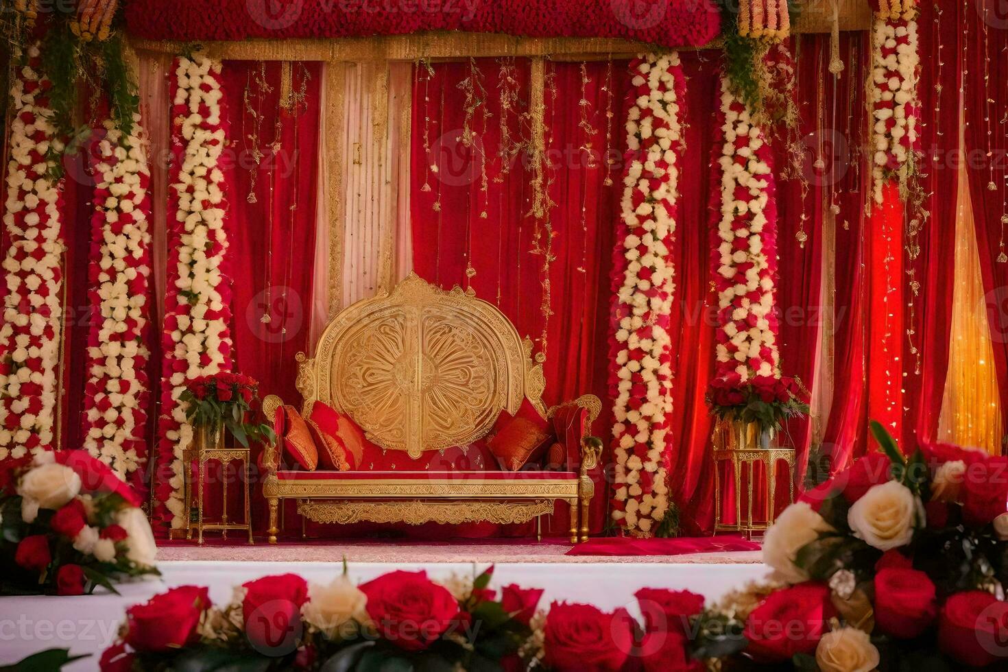 a indiano Casamento etapa decorado com vermelho e ouro flores gerado por IA foto