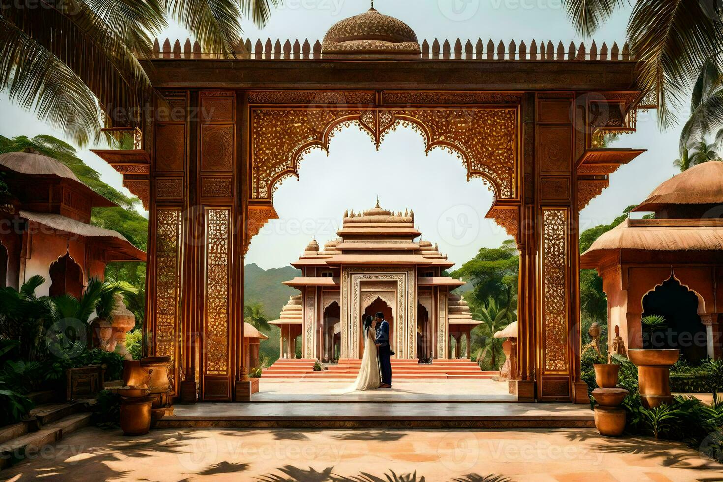 uma noiva e noivo em pé dentro frente do a ornamentado arco. gerado por IA foto