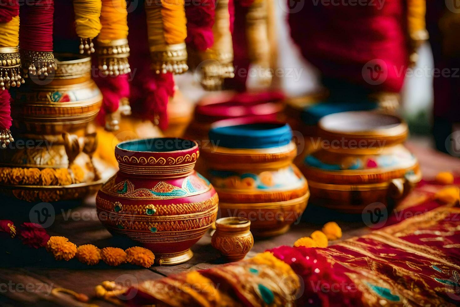 indiano Casamento decoração com colorida panelas e vasos. gerado por IA foto