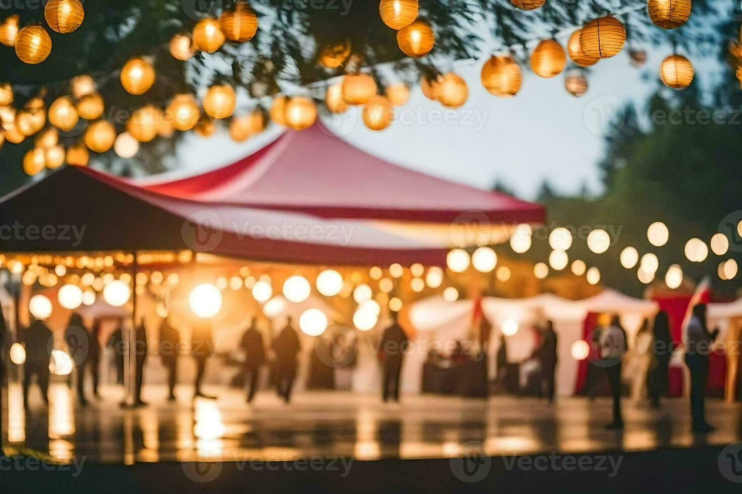 uma Casamento recepção com pessoas dentro a fundo. gerado por IA foto