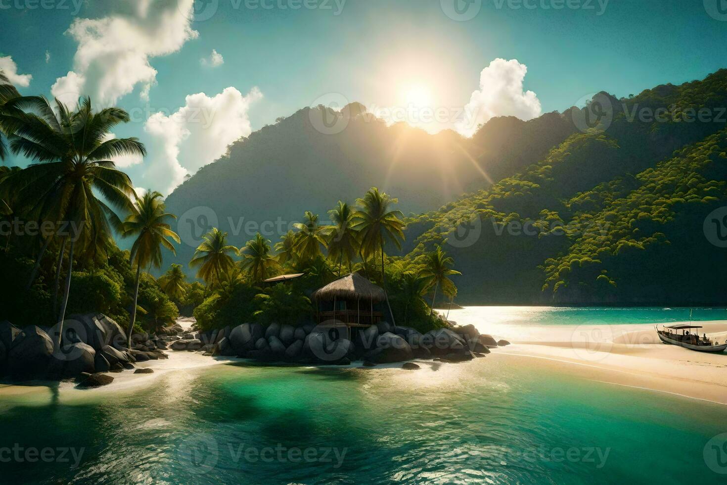 uma tropical ilha com Palma árvores e uma cabana em a de praia. gerado por IA foto