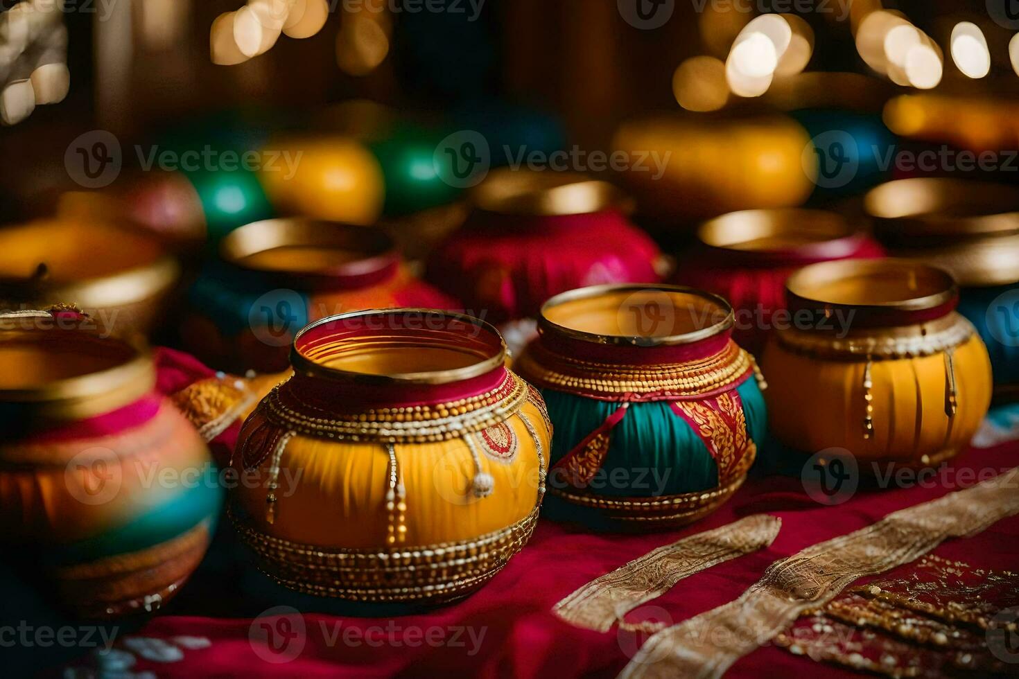 colorida panelas em uma mesa com luzes. gerado por IA foto