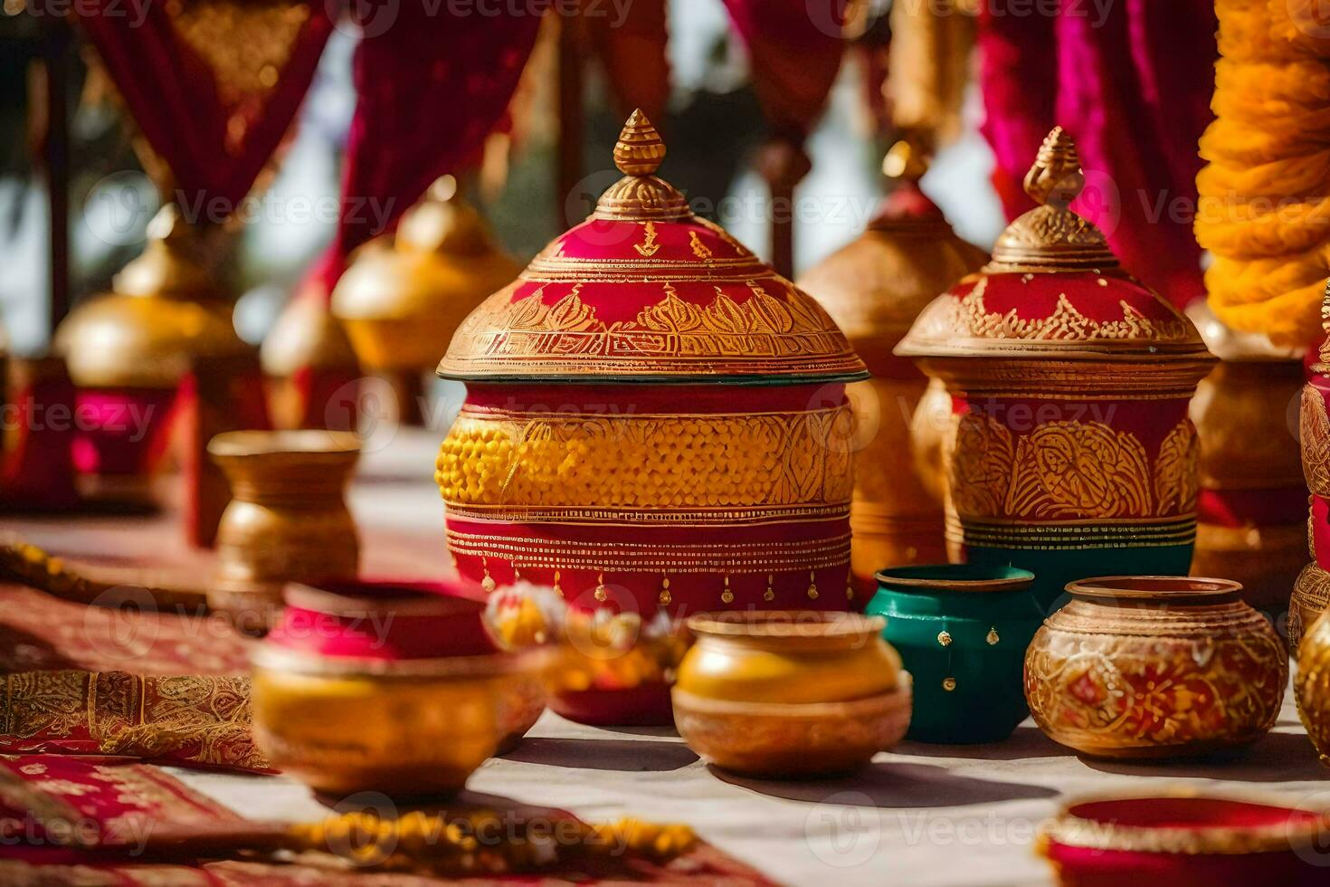 indiano Casamento decoração com colorida panelas e tigelas. gerado por IA foto