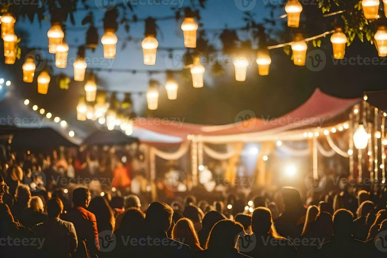 uma multidão do pessoas às a ao ar livre evento com luzes. gerado por IA foto