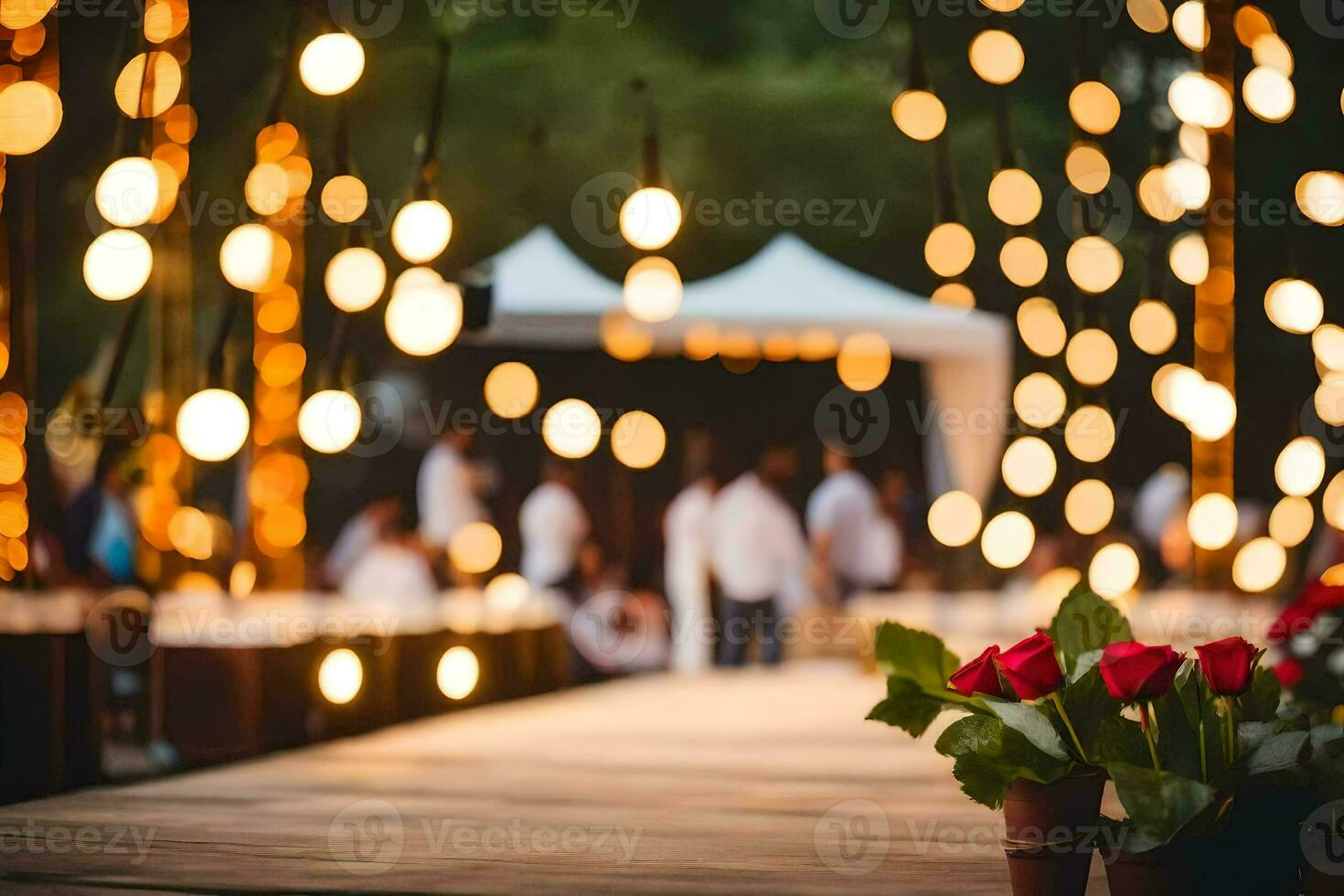 uma de madeira passarela com luzes e flores gerado por IA foto