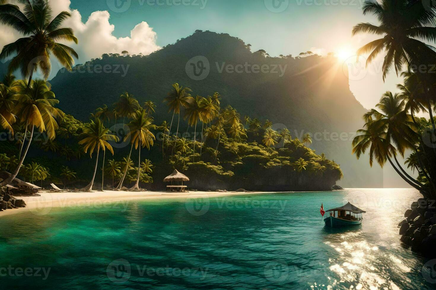 a Sol brilha em a de praia e a barco é Navegando dentro a oceano. gerado por IA foto