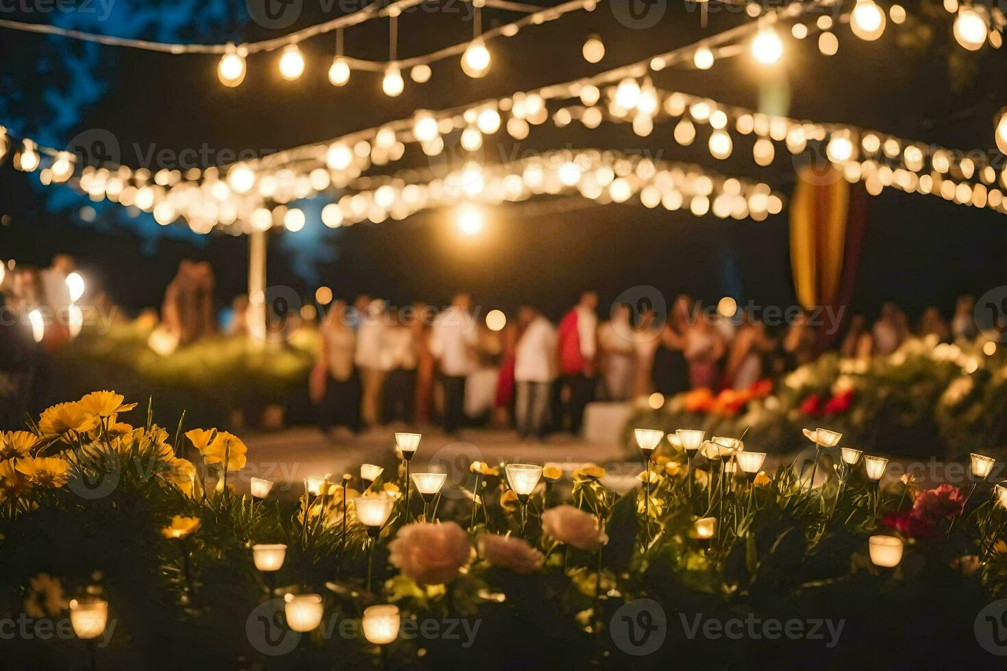 uma Casamento recepção com velas e flores gerado por IA foto