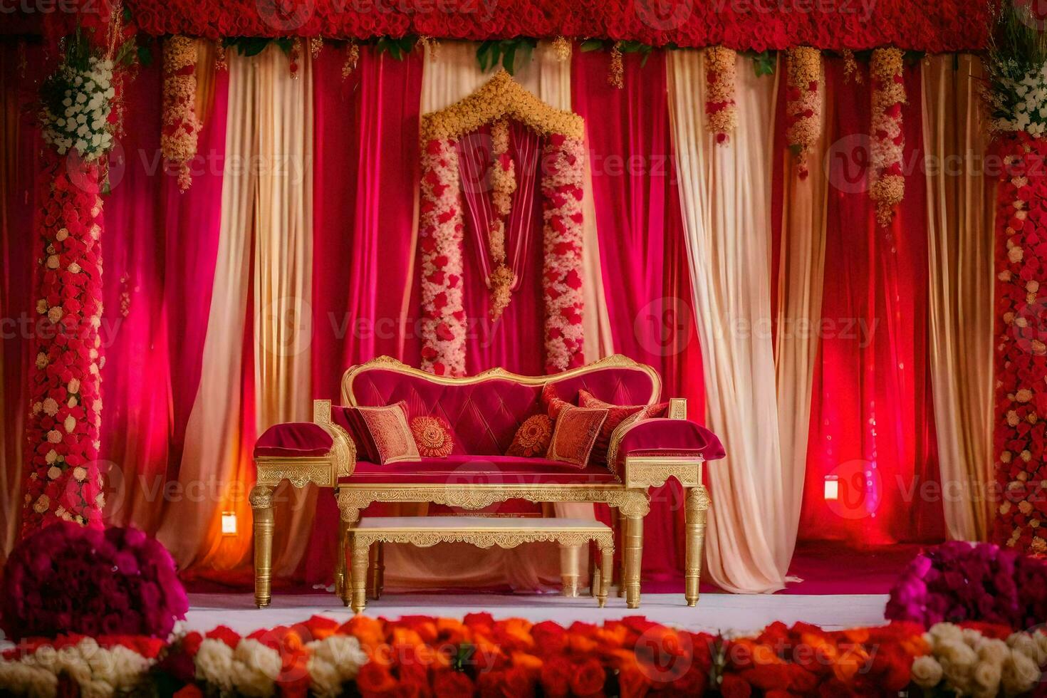 a indiano Casamento etapa decorado com vermelho e ouro. gerado por IA foto