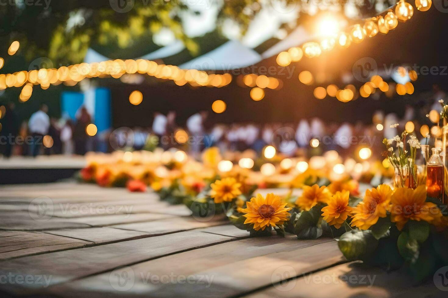 flores e velas estão arranjado em uma de madeira chão. gerado por IA foto