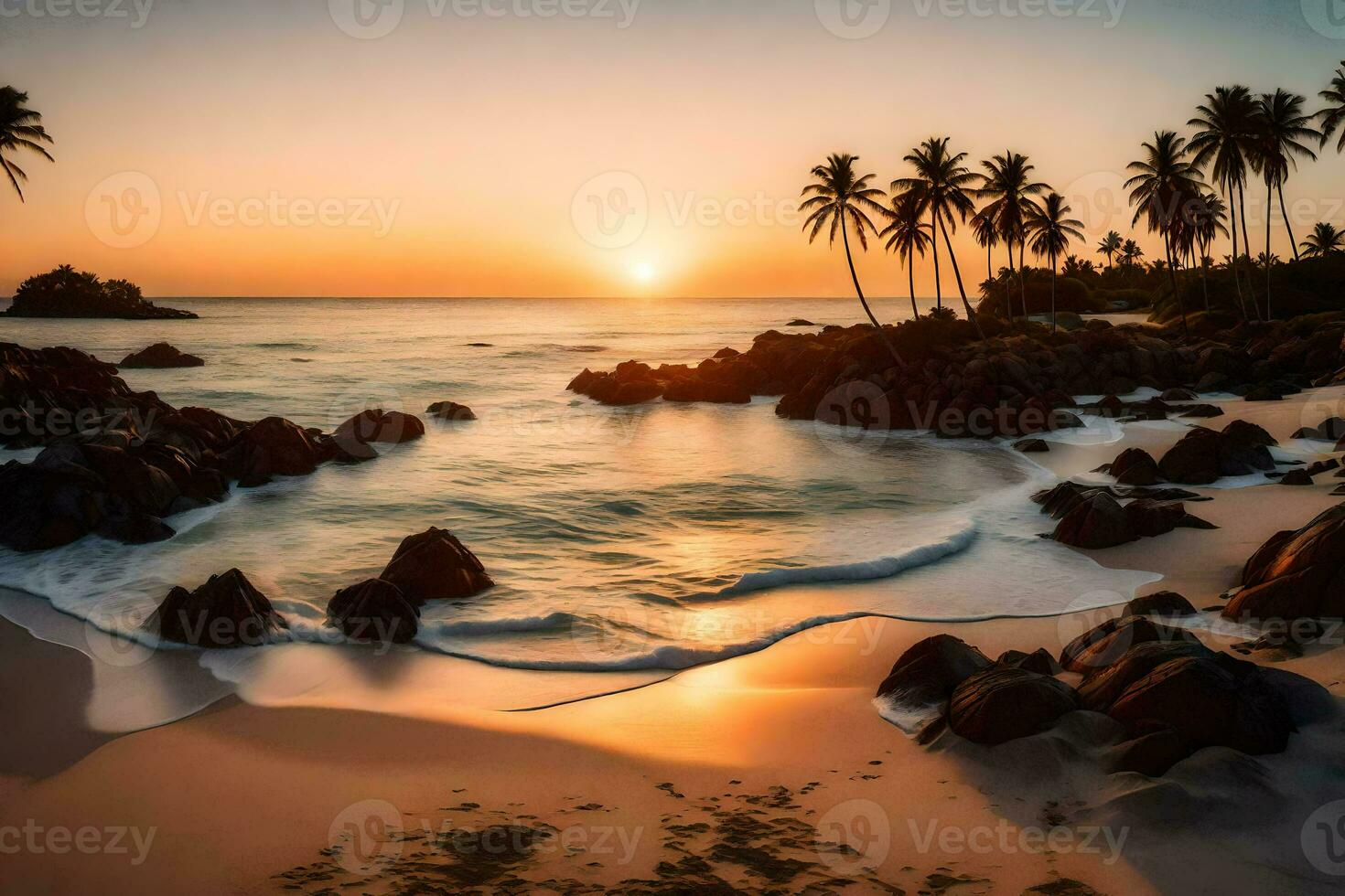 a Sol conjuntos em a de praia dentro a pacífico oceano. gerado por IA foto