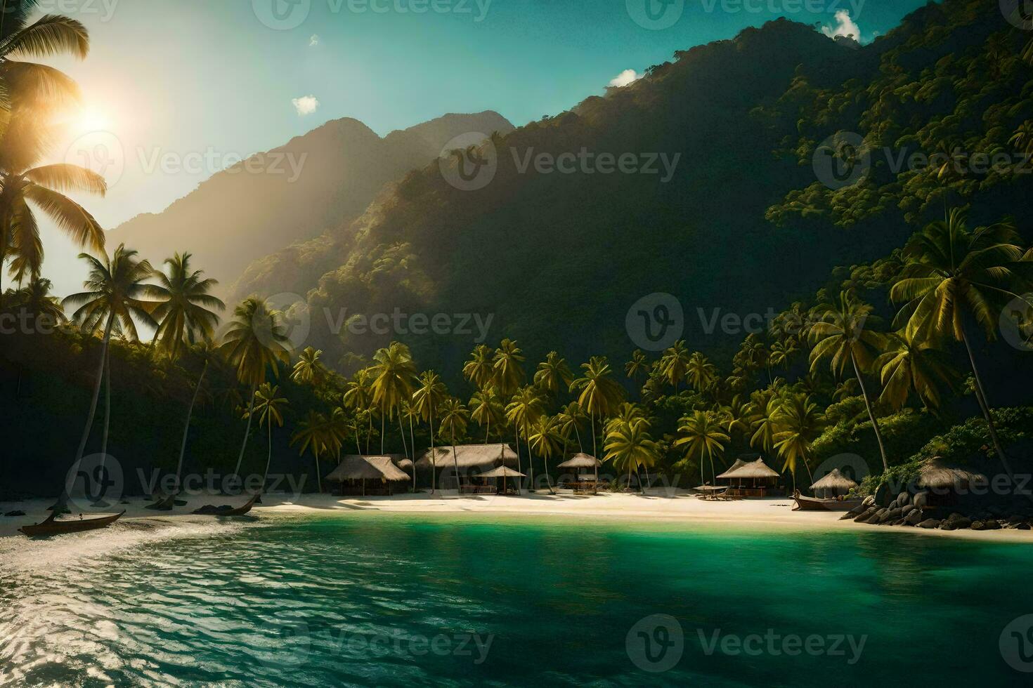 uma tropical de praia com Palma árvores e cabanas. gerado por IA foto