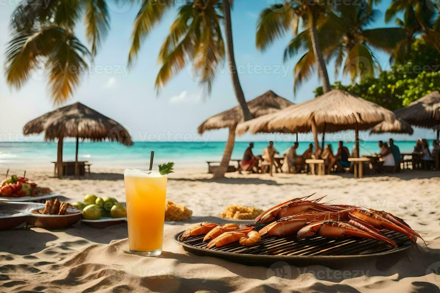 uma de praia com uma grade, bebidas e Comida. gerado por IA foto