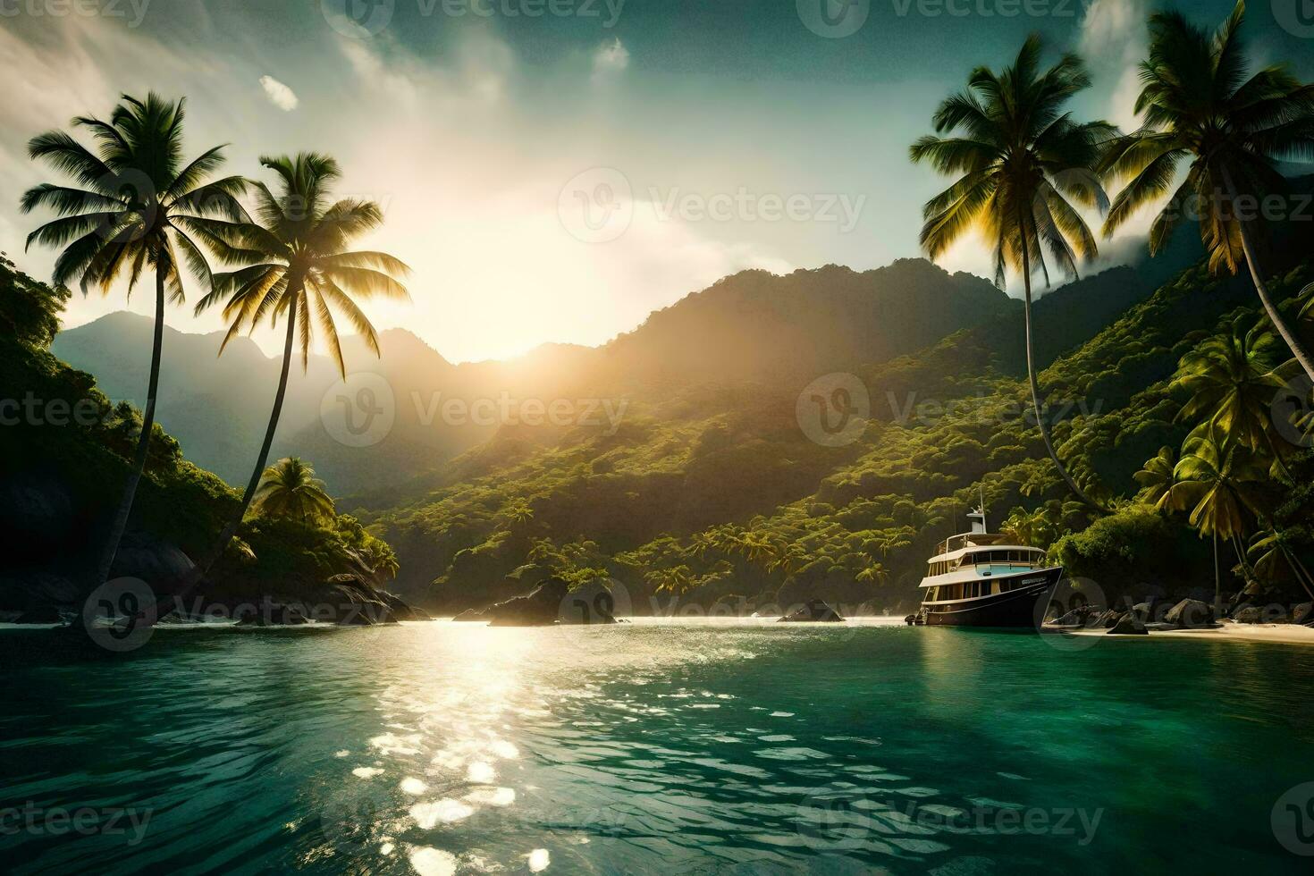 uma barco é Navegando em a oceano perto Palma árvores gerado por IA foto