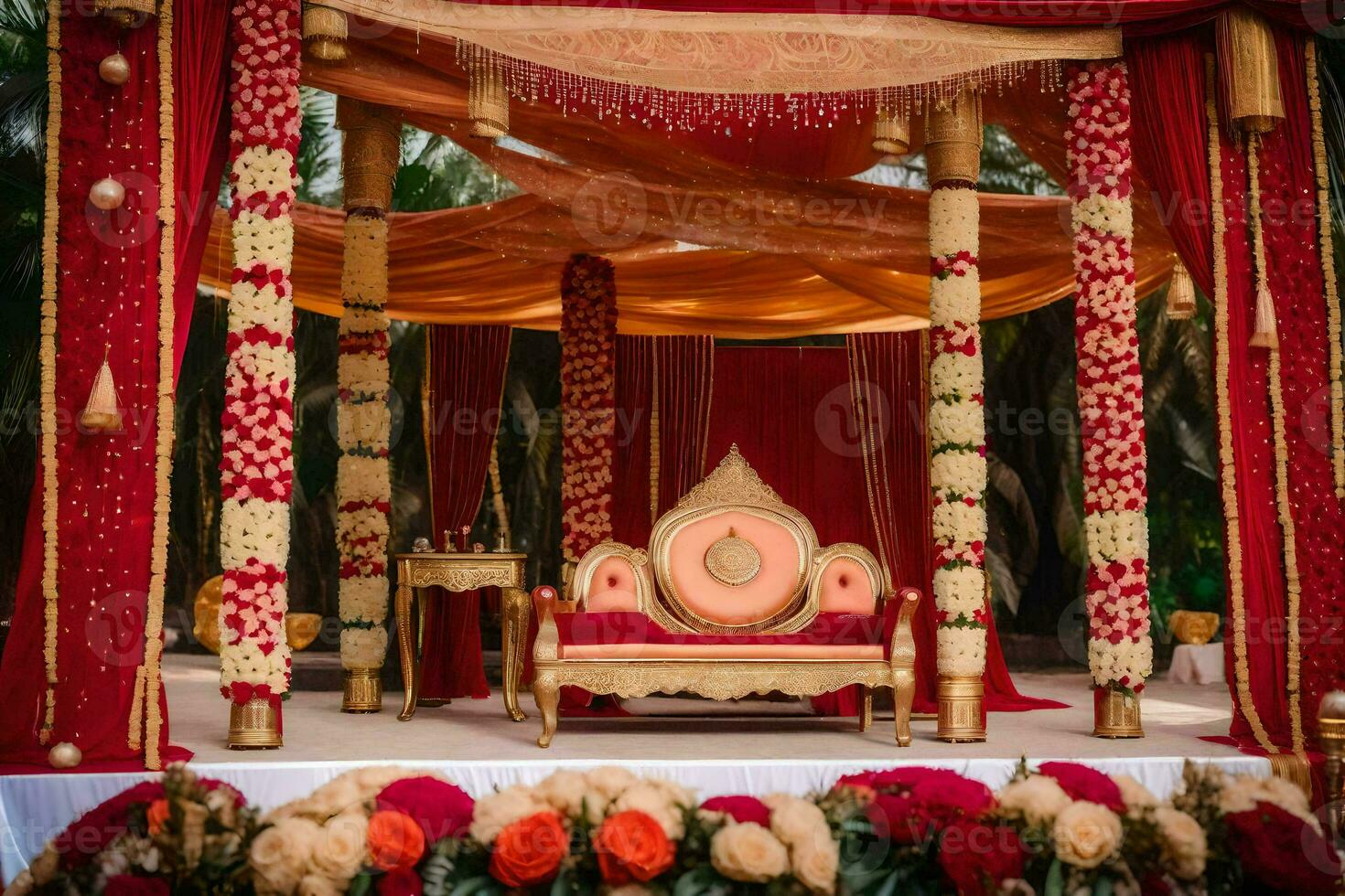 a indiano Casamento cerimônia com vermelho e ouro decorações. gerado por IA foto