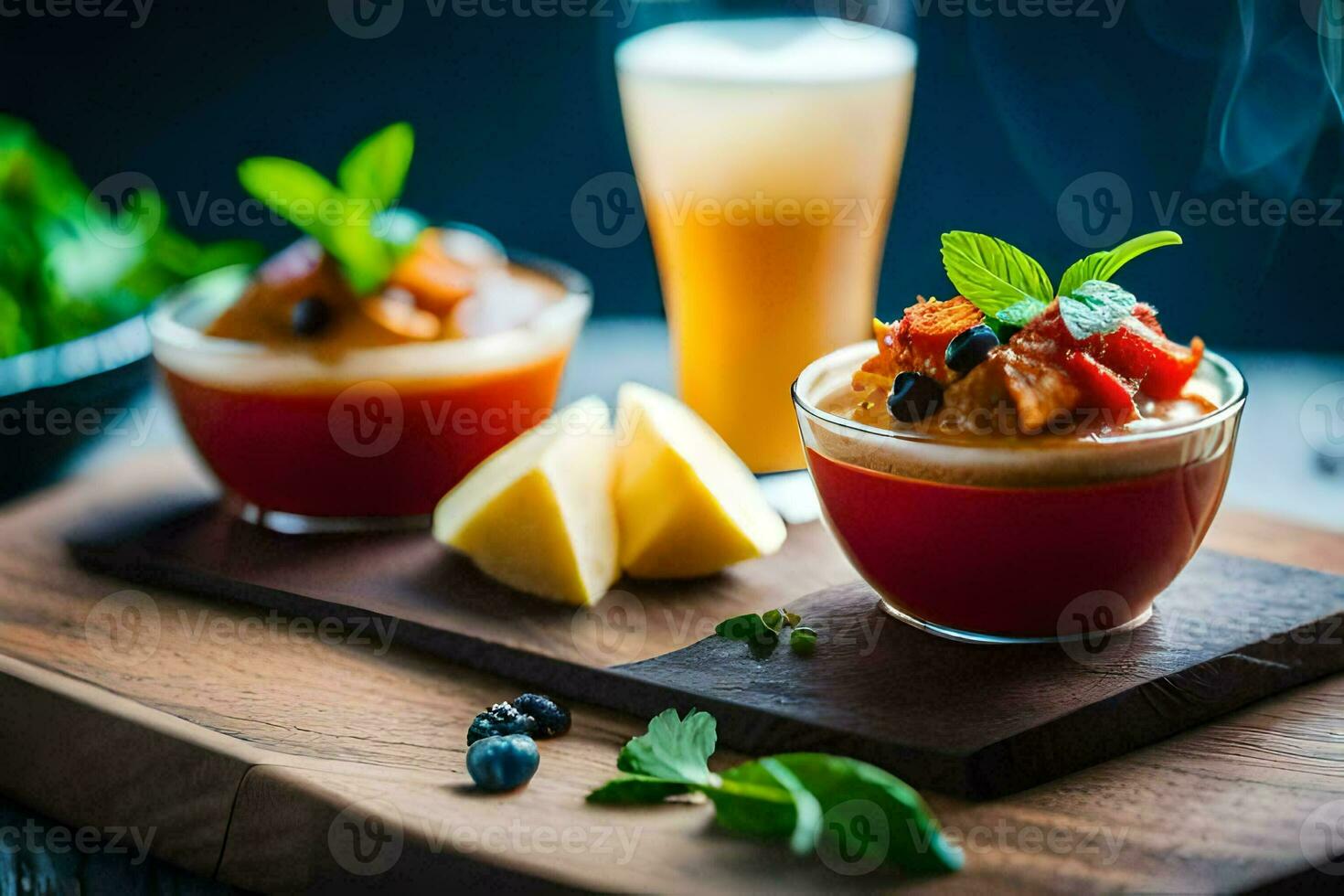 dois pequeno taças do Comida com fruta e legumes. gerado por IA foto