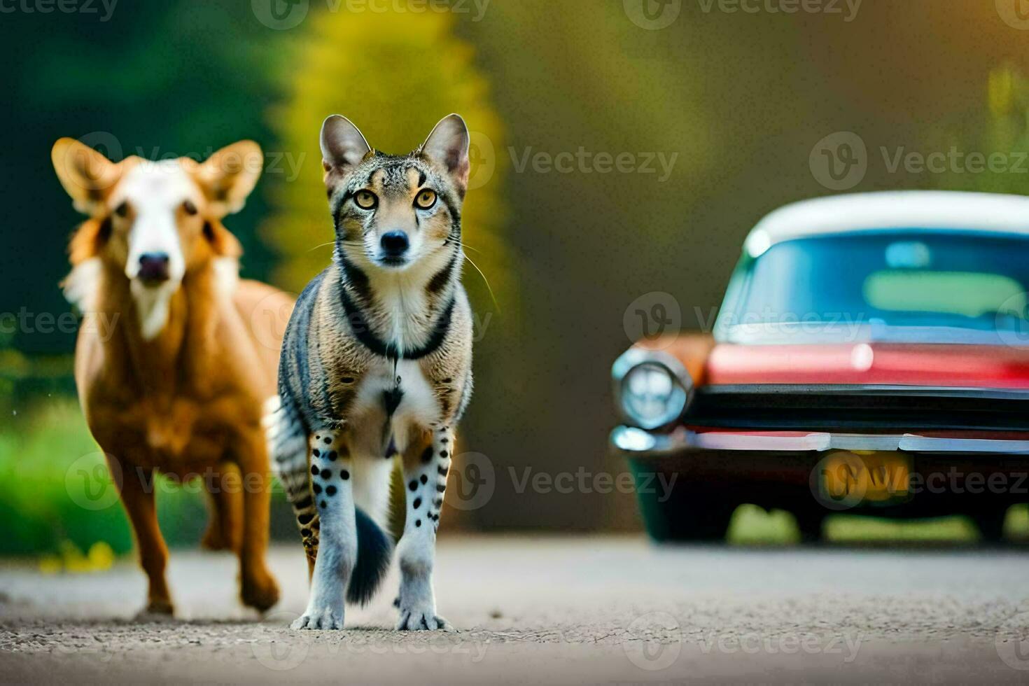 dois cachorros caminhando em a estrada Próximo para uma carro. gerado por IA foto