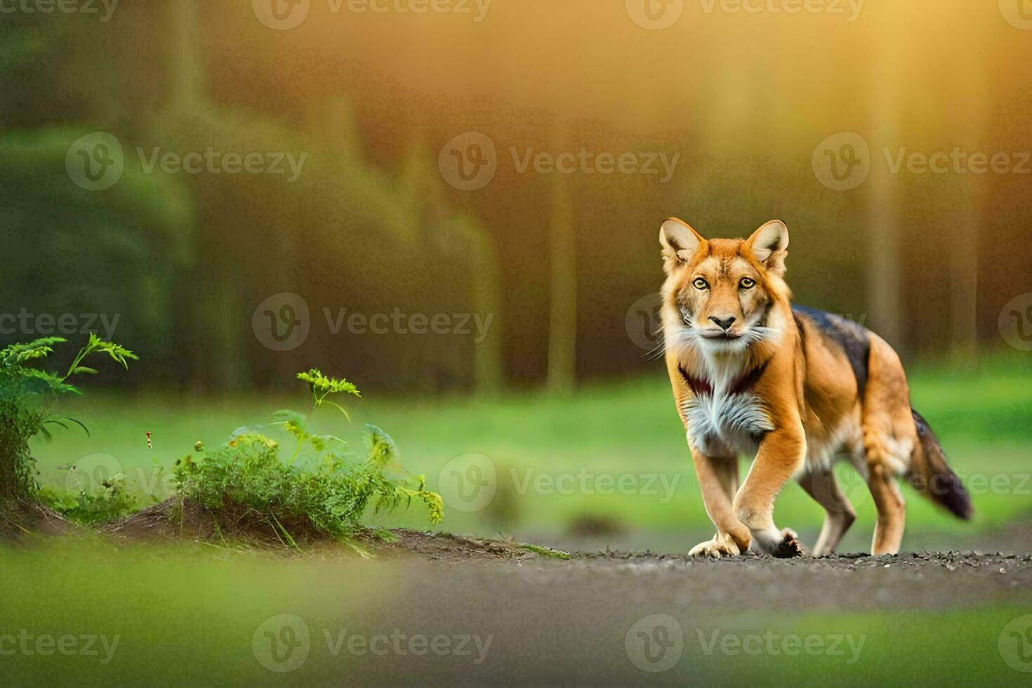 uma vermelho Lobo caminhando através uma campo. gerado por IA foto
