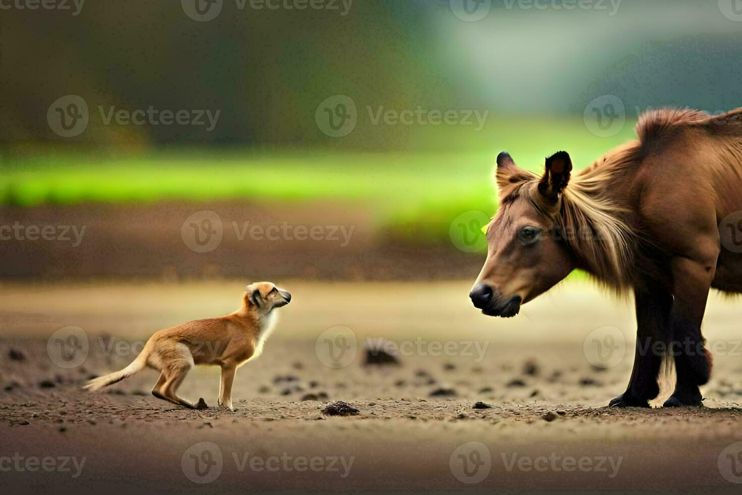 uma pequeno cachorro é em pé Próximo para uma cavalo. gerado por IA foto