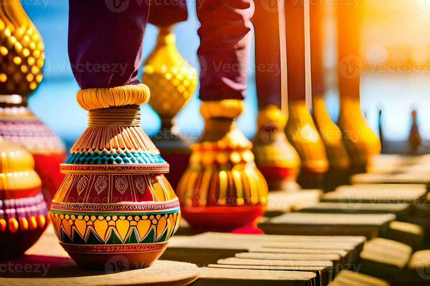 colorida vasos estão forrado acima em uma de madeira borda. gerado por IA foto