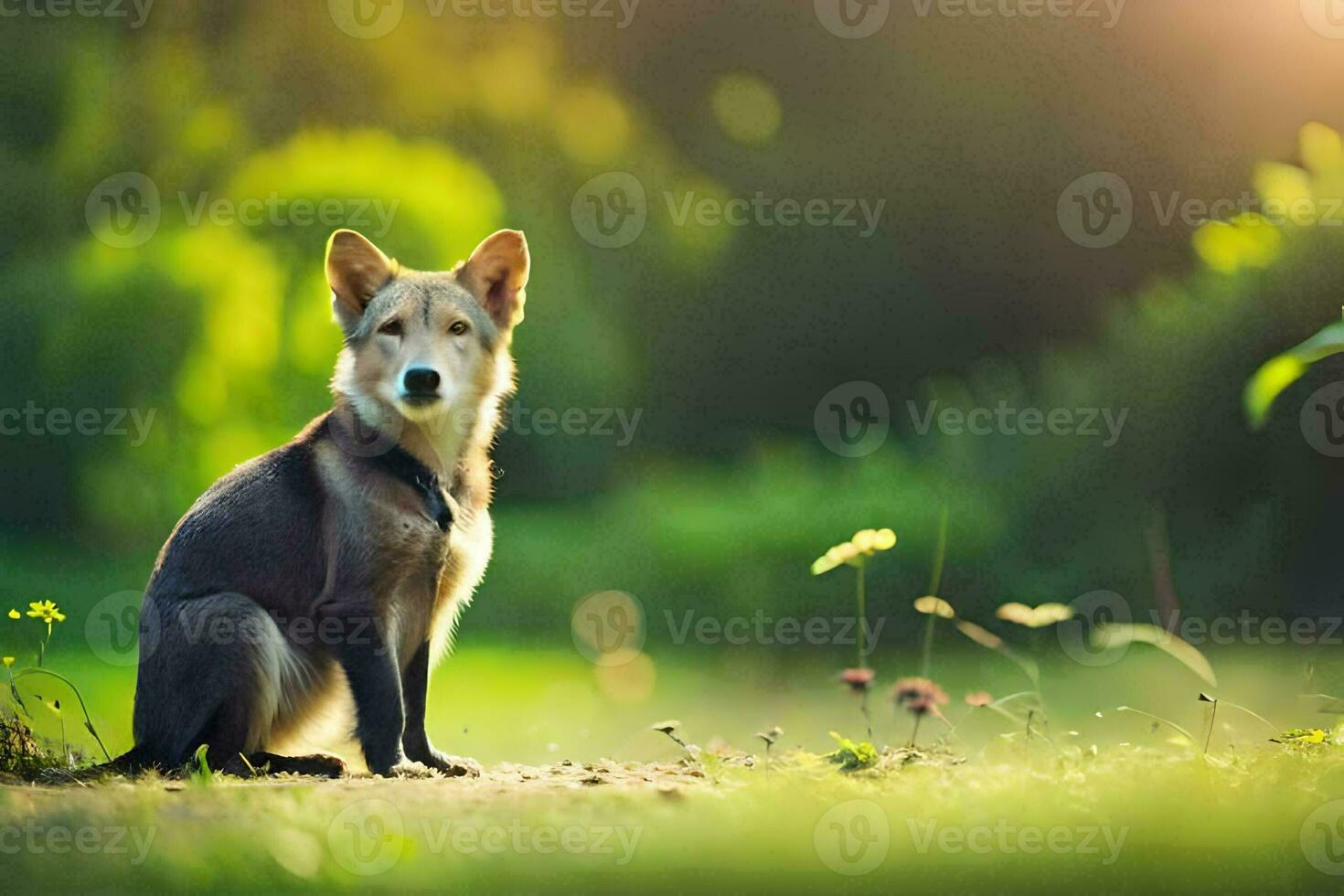 uma cachorro sentado em a terra dentro a Sol. gerado por IA foto