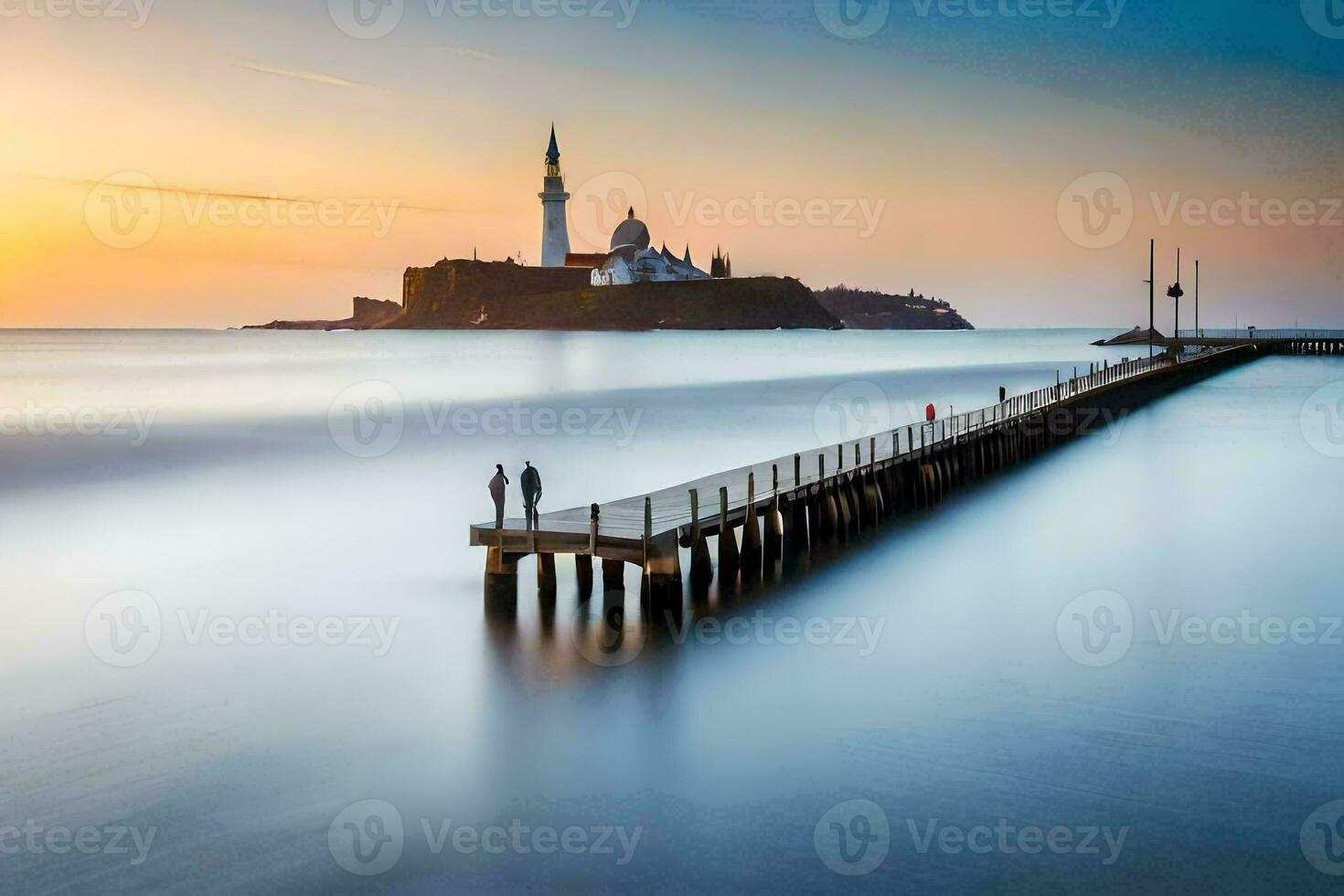 uma cais com uma farol às pôr do sol. gerado por IA foto