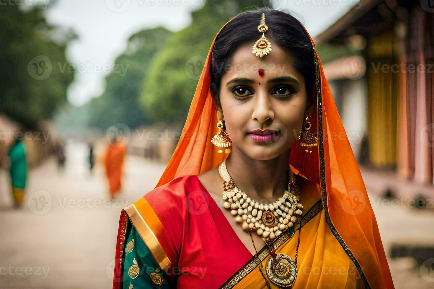 uma mulher dentro tradicional sari poses para uma retrato. gerado por IA foto