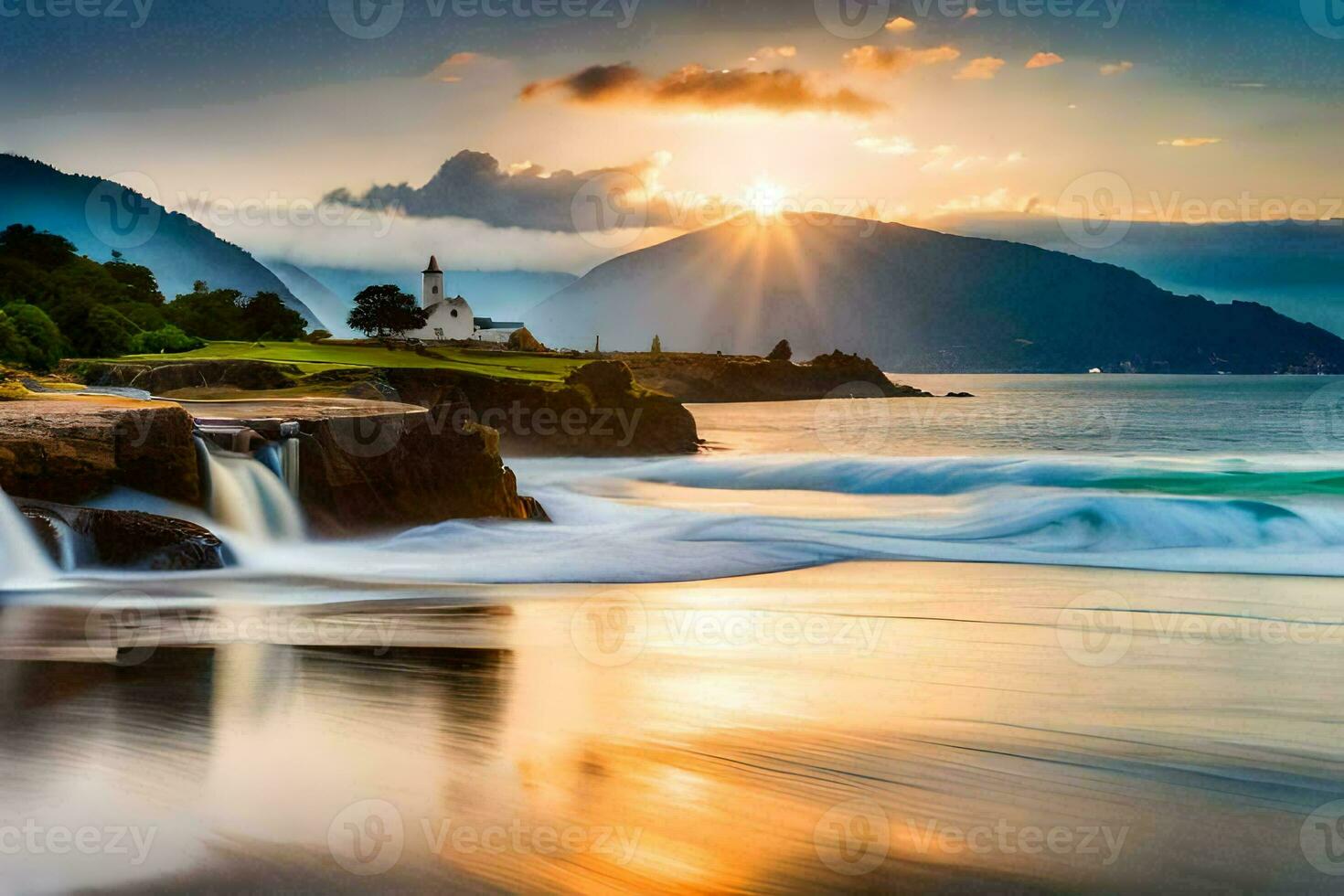 a Sol sobe sobre uma de praia com uma farol e ondas falhando para dentro a costa. gerado por IA foto