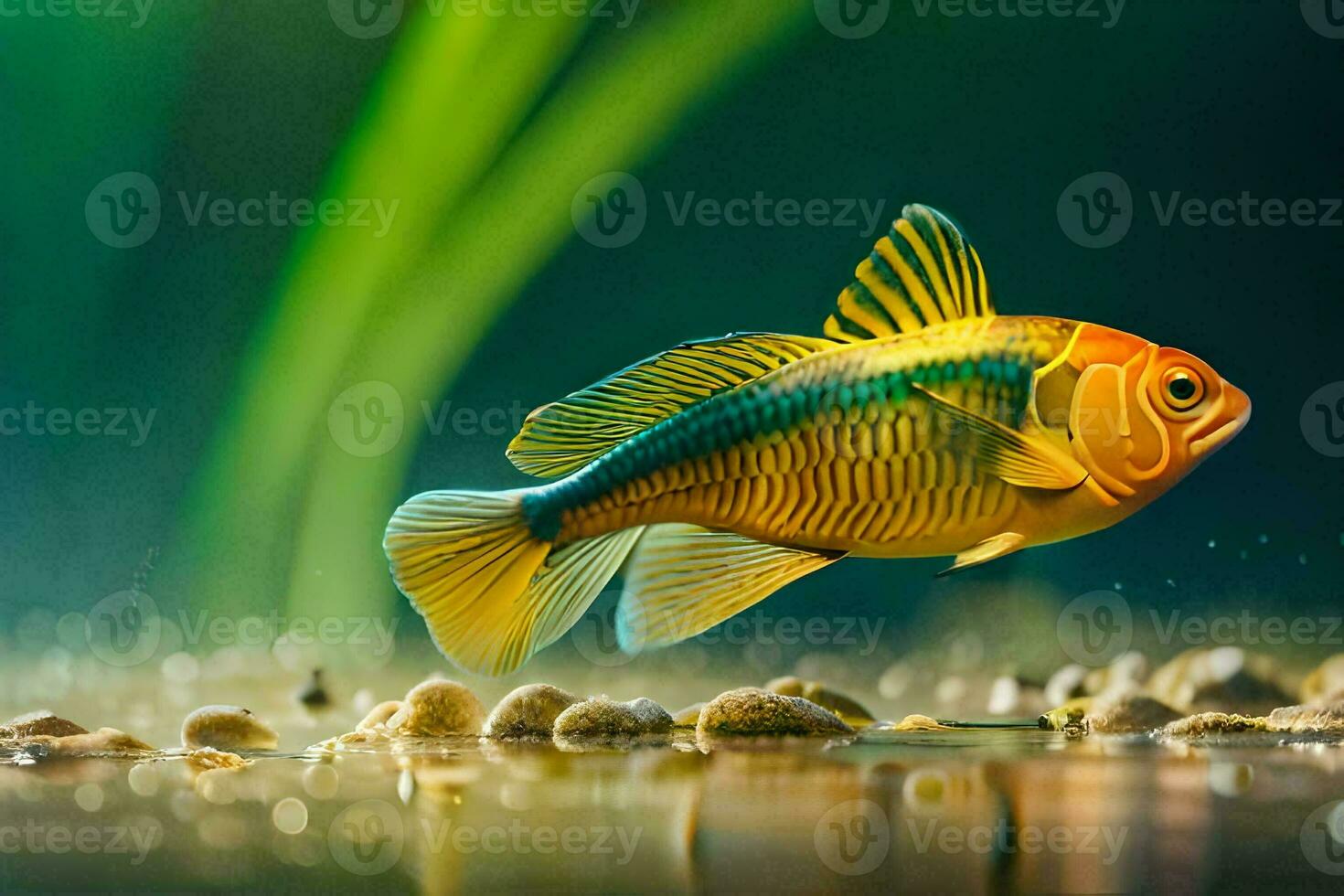 uma peixe natação dentro a aquário com água e plantas. gerado por IA foto