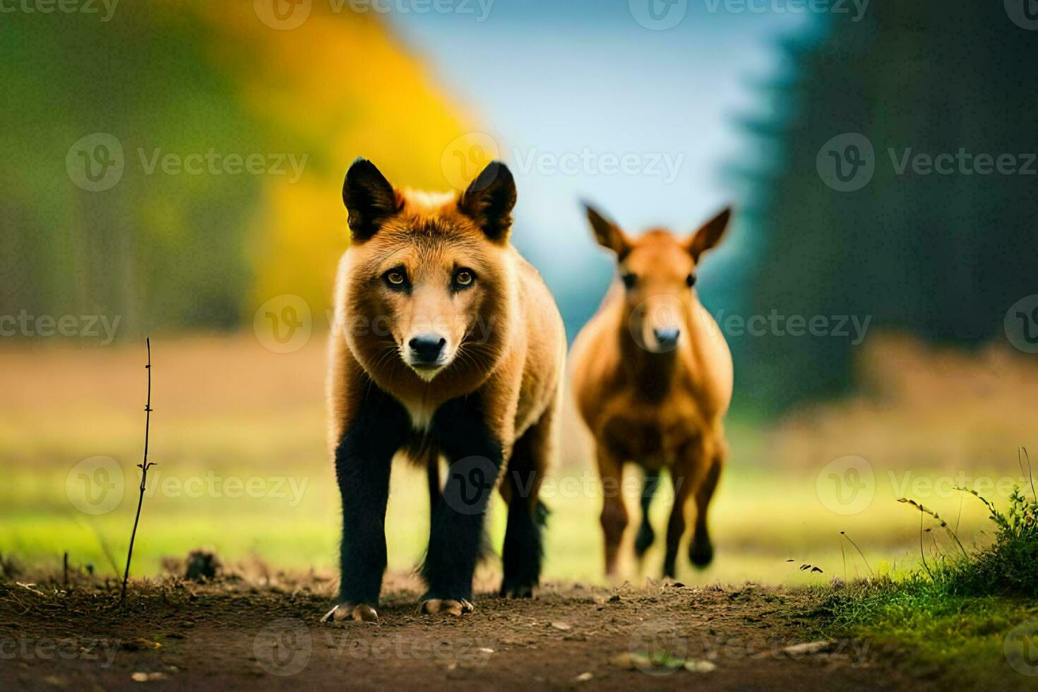 dois Castanho raposas caminhando em uma sujeira estrada. gerado por IA foto