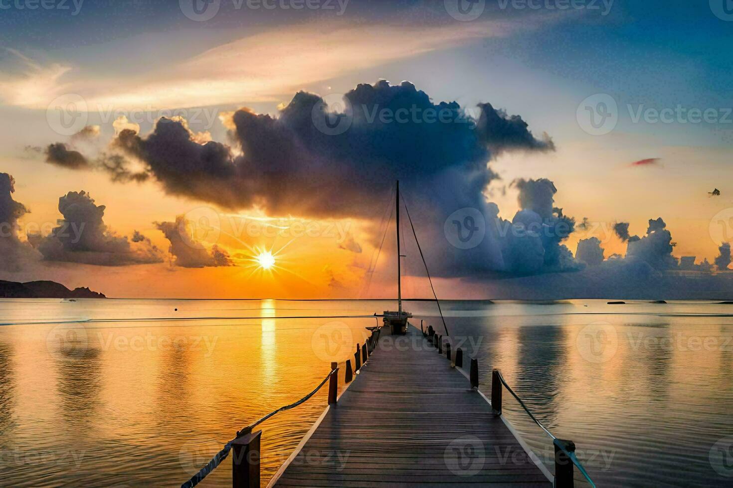 uma doca com uma barco a vela às pôr do sol. gerado por IA foto