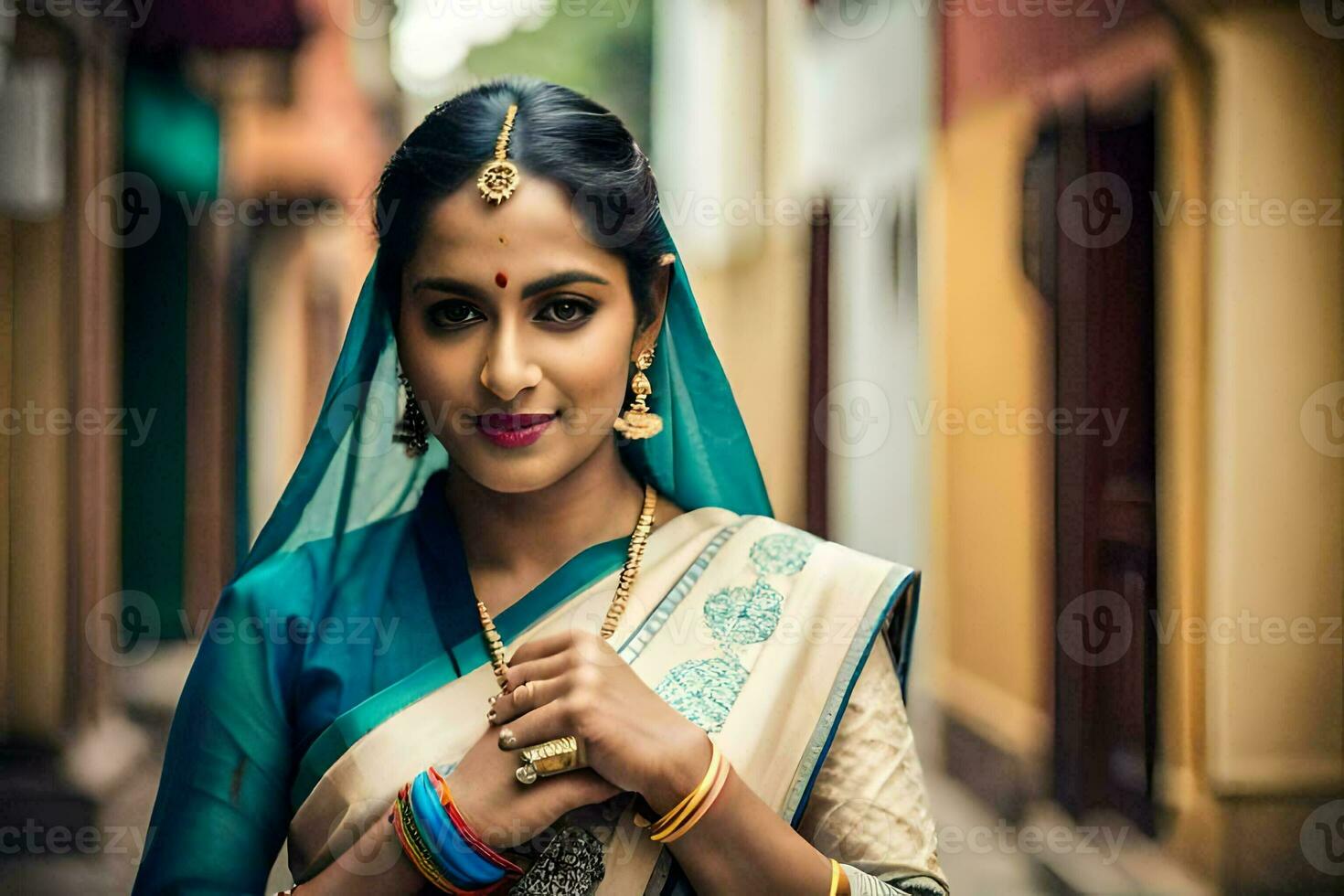 uma mulher dentro tradicional sari poses para uma foto. gerado por IA foto