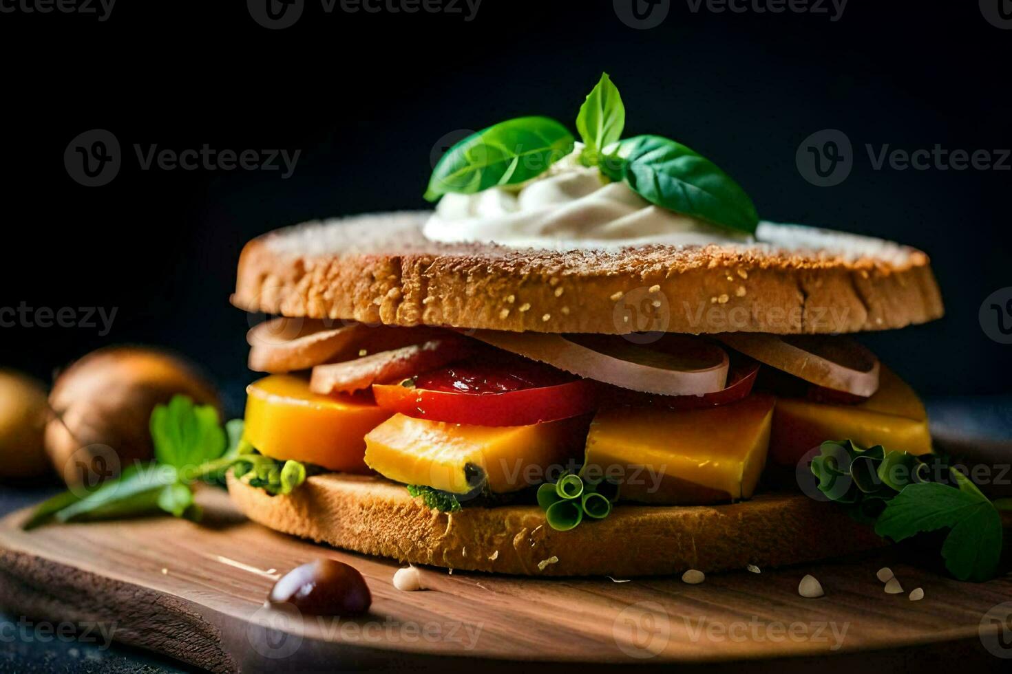 uma sanduíche com legumes e creme em uma de madeira borda. gerado por IA foto