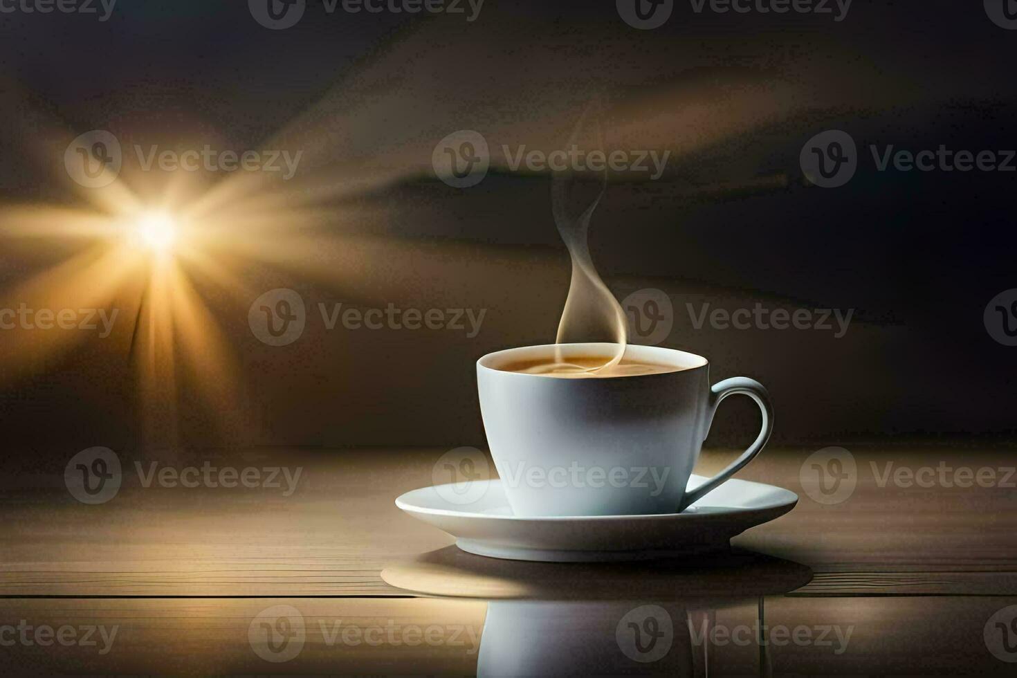 uma copo do café em uma de madeira mesa com uma Sol brilhando dentro a fundo. gerado por IA foto