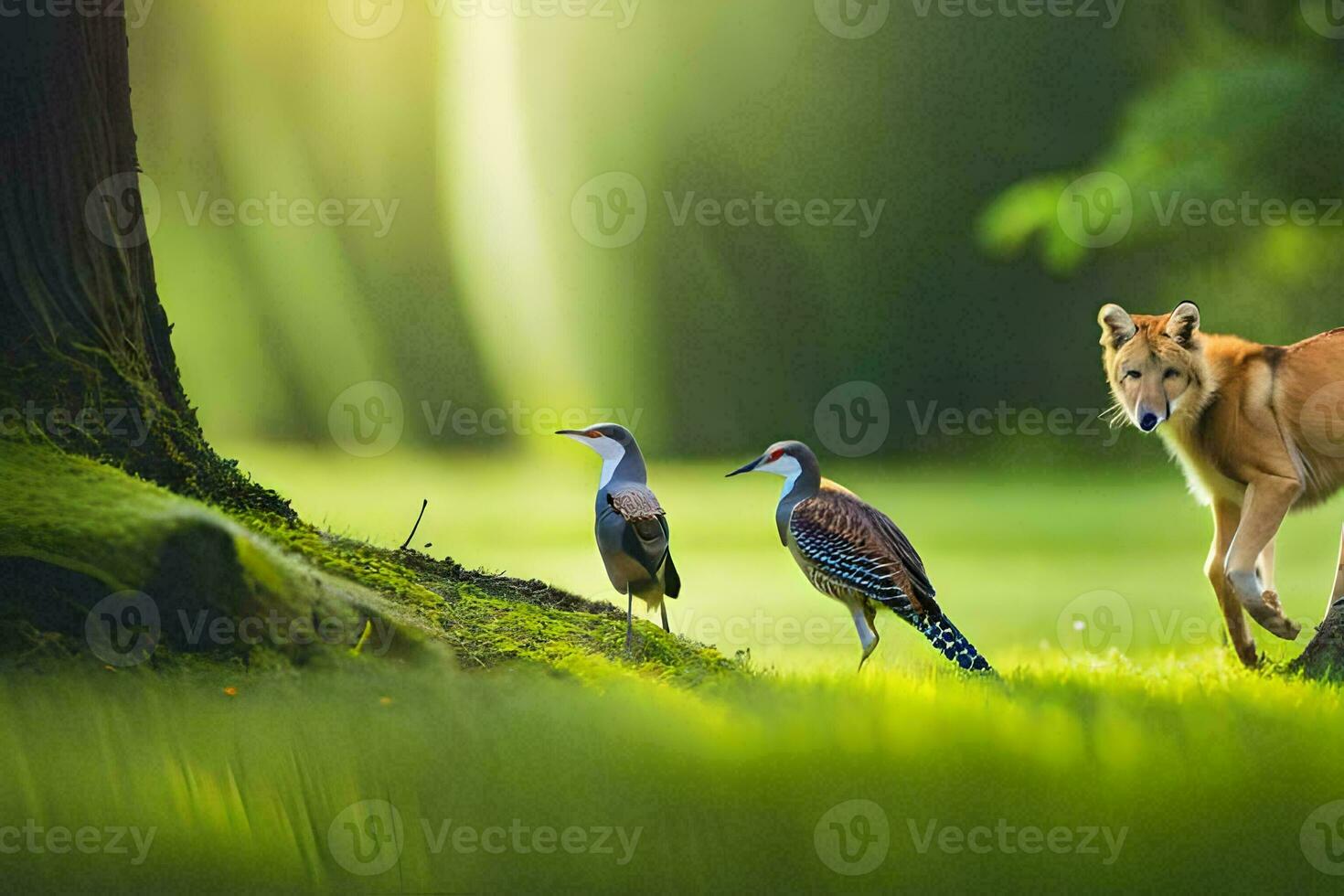 dois pássaros e uma cachorro em pé dentro a grama. gerado por IA foto