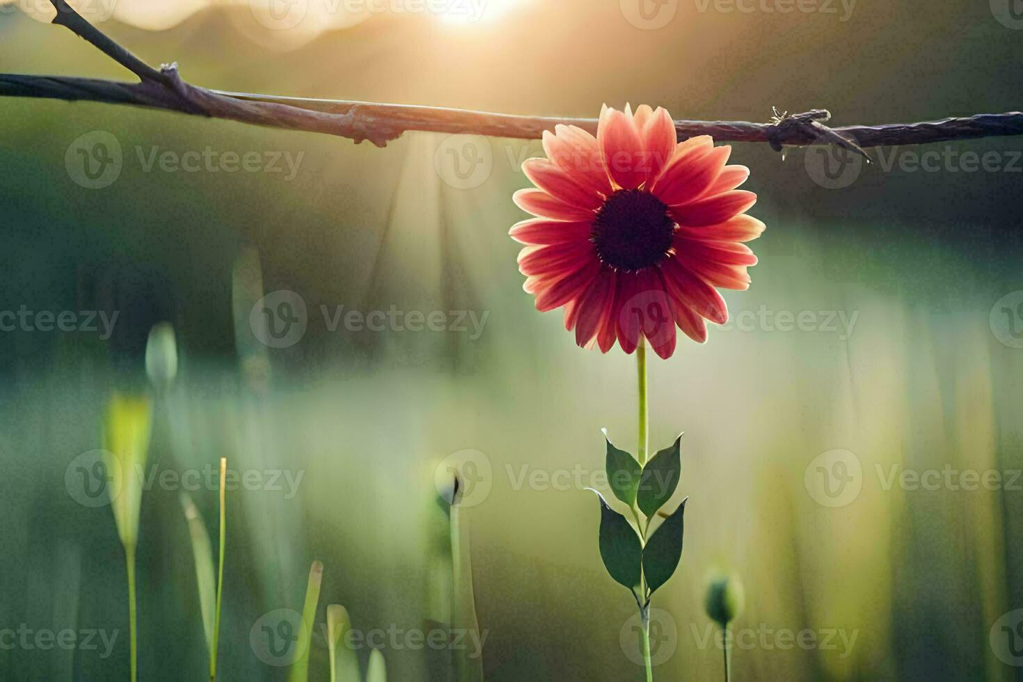 uma vermelho flor é em pé em uma ramo dentro a Sol. gerado por IA foto