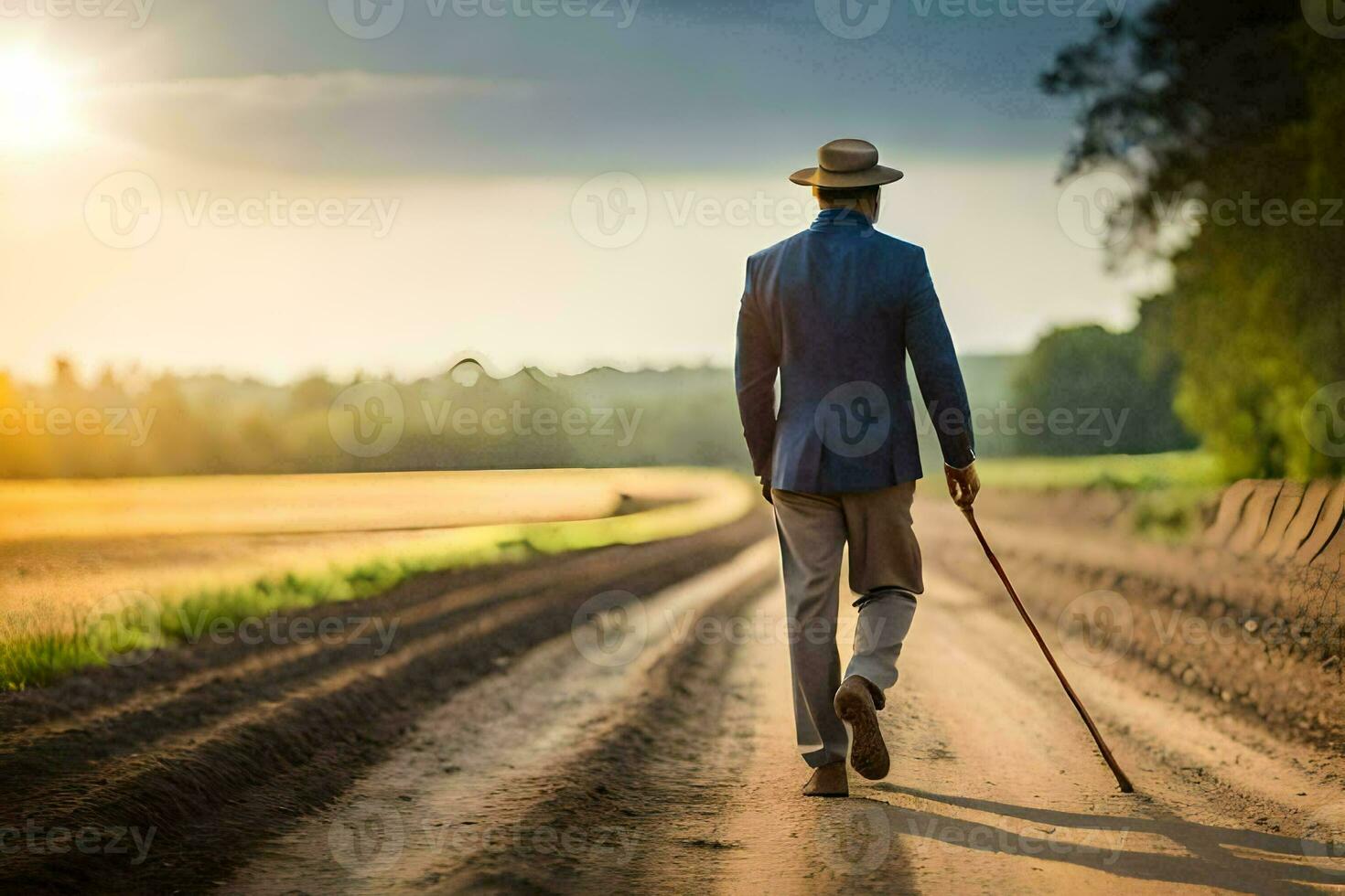 uma homem caminhando baixa uma sujeira estrada com uma bengala. gerado por IA foto