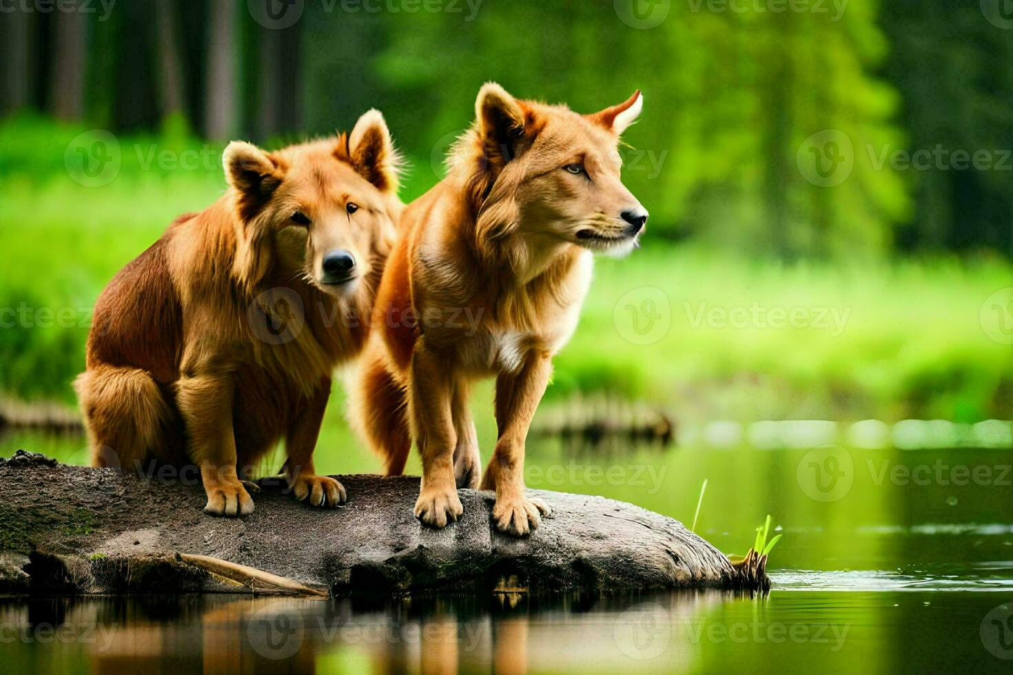 dois cachorros sentado em uma registro de a água. gerado por IA foto