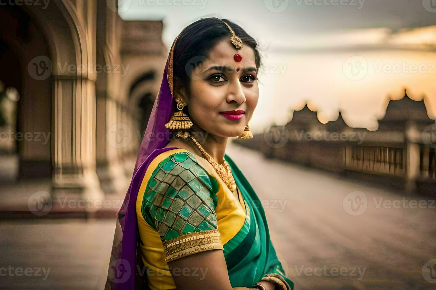 uma mulher dentro tradicional indiano vestuário poses para uma retrato. gerado por IA foto