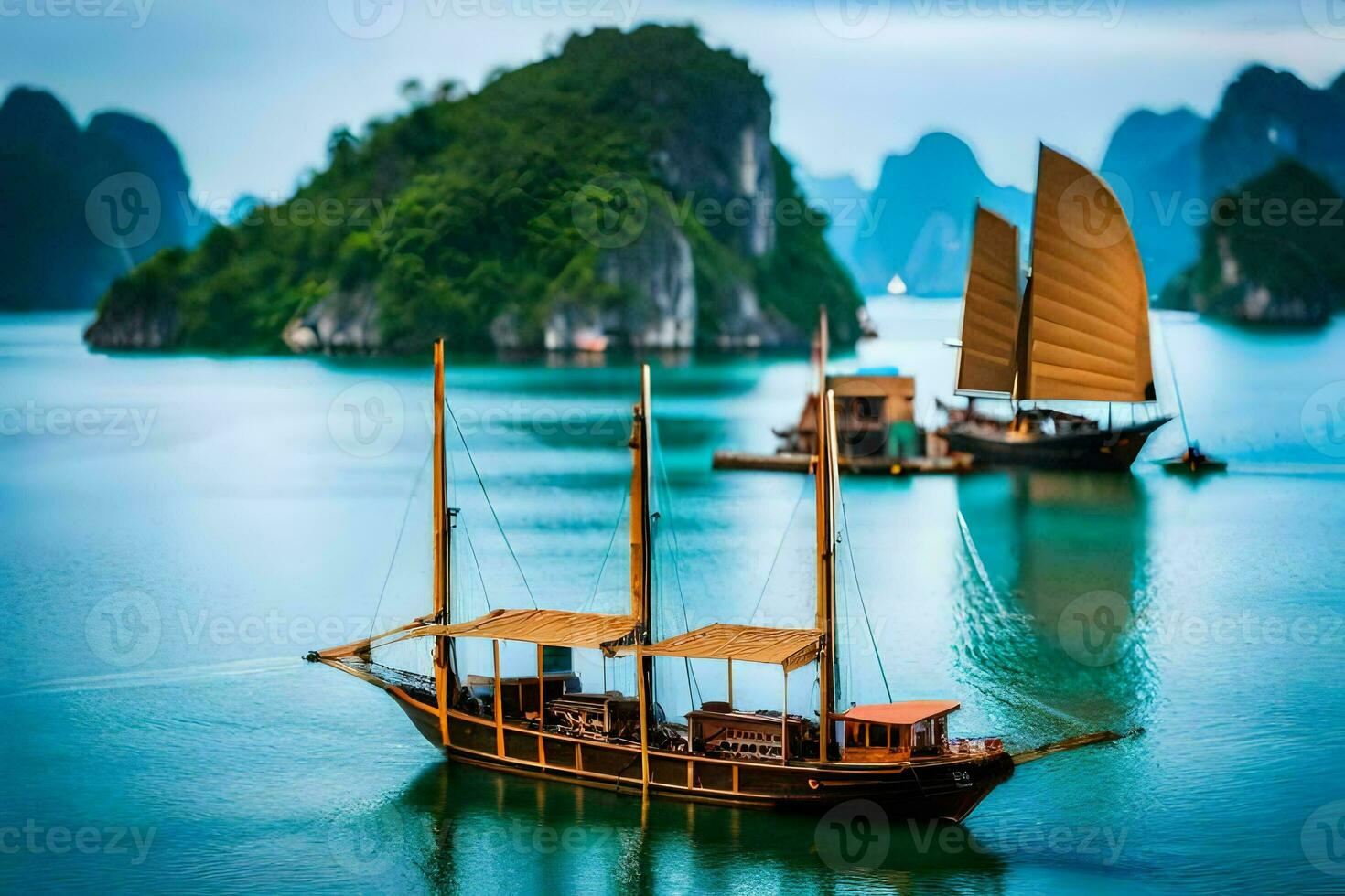 dois barcos dentro a água perto alguns montanhas. gerado por IA foto