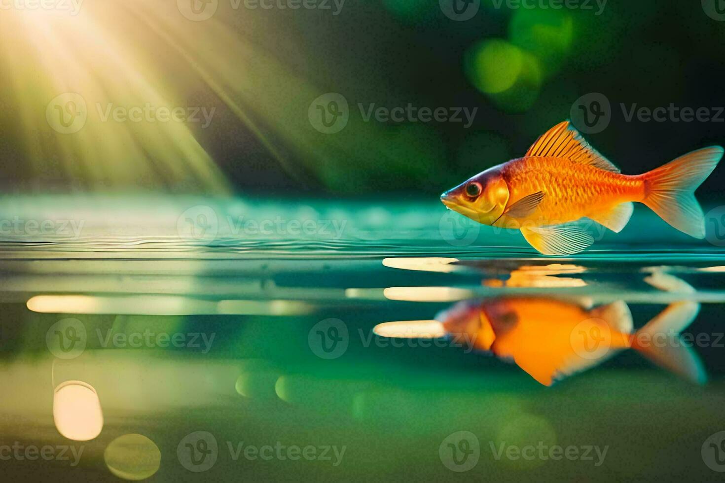peixinho natação dentro a água com luz solar brilhando. gerado por IA foto