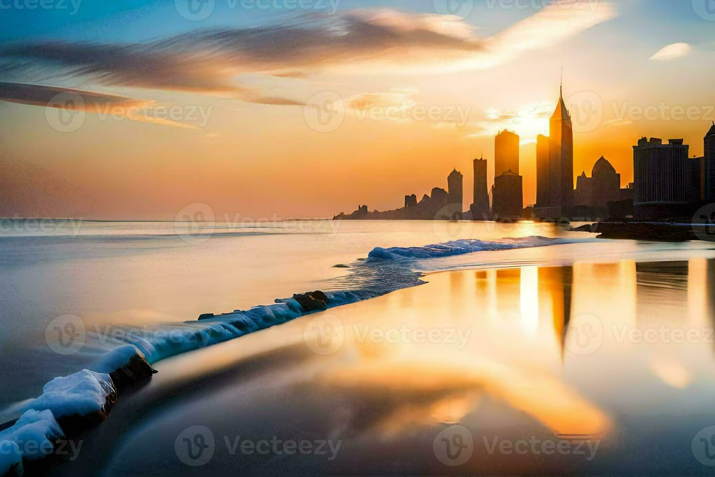 a Sol conjuntos sobre a cidade Horizonte dentro dubai. gerado por IA foto